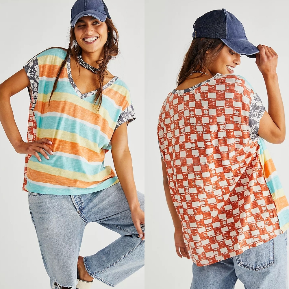 NWT! Free People Multicolor Striped and Checkered Short Sleeve Tee